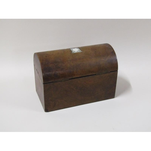 1457 - A 19c burr wood dome top two compartment tea caddy with white bone inlay, 20cm w.