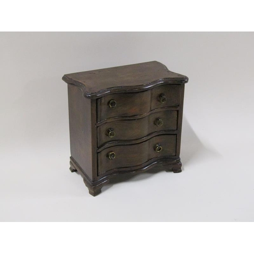 1463 - A 19c miniature serpentine three drawer chest on bracket feet jewel box, 18cm w, 18cm h.