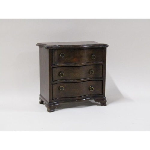 1463 - A 19c miniature serpentine three drawer chest on bracket feet jewel box, 18cm w, 18cm h.