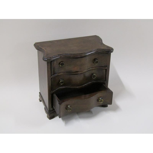 1463 - A 19c miniature serpentine three drawer chest on bracket feet jewel box, 18cm w, 18cm h.