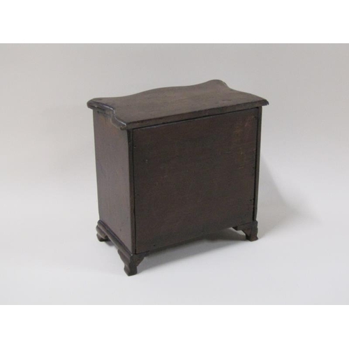 1463 - A 19c miniature serpentine three drawer chest on bracket feet jewel box, 18cm w, 18cm h.