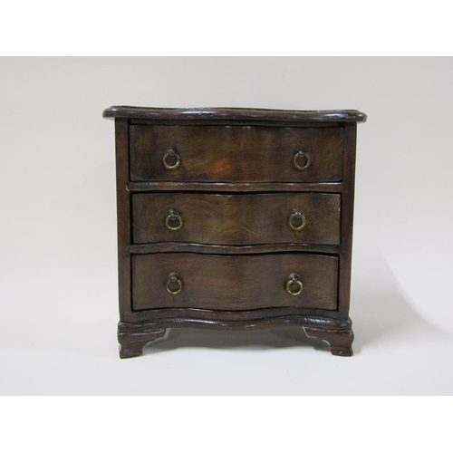 1463 - A 19c miniature serpentine three drawer chest on bracket feet jewel box, 18cm w, 18cm h.