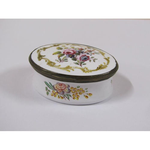 1513 - A 19c enamel trinket pot of oval form with hinged lid, painted with enamel floral bouquets, 7cm w.