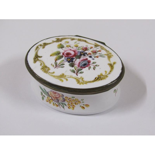 1513 - A 19c enamel trinket pot of oval form with hinged lid, painted with enamel floral bouquets, 7cm w.