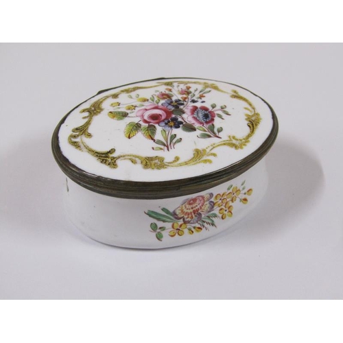 1513 - A 19c enamel trinket pot of oval form with hinged lid, painted with enamel floral bouquets, 7cm w.