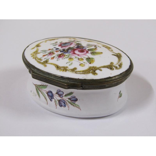 1513 - A 19c enamel trinket pot of oval form with hinged lid, painted with enamel floral bouquets, 7cm w.