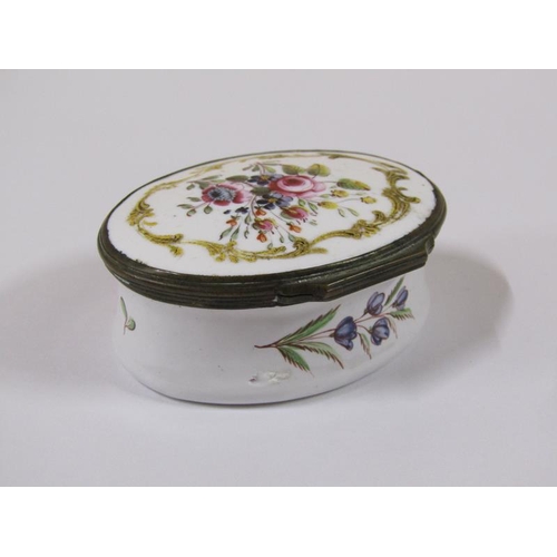 1513 - A 19c enamel trinket pot of oval form with hinged lid, painted with enamel floral bouquets, 7cm w.