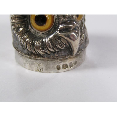 1535 - A mid Victorian silver owl pepper pot with glass eyes, makers mark for Daniel & Charles Hurle, Londo... 