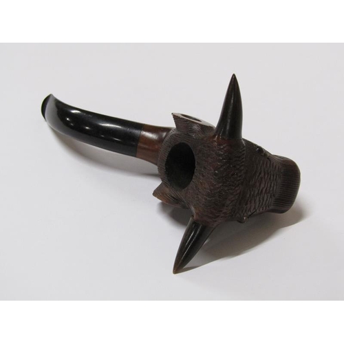 1555 - An early 20c carved wooden bulls head smokers pipe with glass eyes, 14.5cm l.