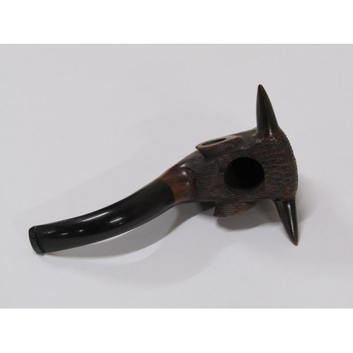 1555 - An early 20c carved wooden bulls head smokers pipe with glass eyes, 14.5cm l.