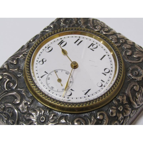 1625 - A late Victorian travelling clock with embossed silver casing and Swiss movement, London 1898, 6.5cm... 