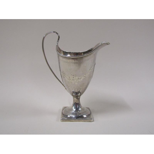 1736 - A late Georgian silver cream jug, engraved and supported on square base, 2.9ozt, London 1813, 14.5cm... 