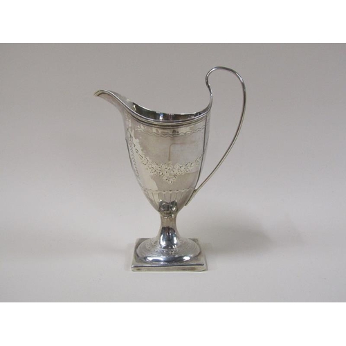 1736 - A late Georgian silver cream jug, engraved and supported on square base, 2.9ozt, London 1813, 14.5cm... 