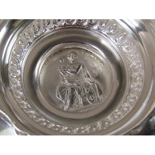 1756 - A Continental silver two handled bowl on stand with coin border decoration, heart terminals to the h... 