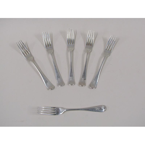 1762 - A set of six late Victorian silver table forks, Sheffield 1894, 13ozt, each 20cm l.