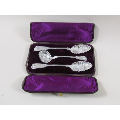 1763 - A boxed set of berry spoons comprising two table spoons and one sifting spoon, all with chased and e... 