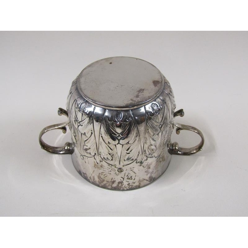 1765 - A late Victorian two handled loving cup, half leaf embossed, London 1890, 8.7ozt, 18cm w.