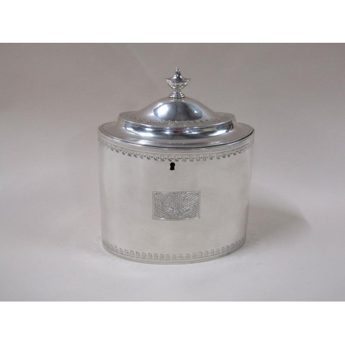 1766 - A George III silver caddy box of oval form with a hinged dome cover, London 1799, 14.2ozt, 17.5cm h,... 