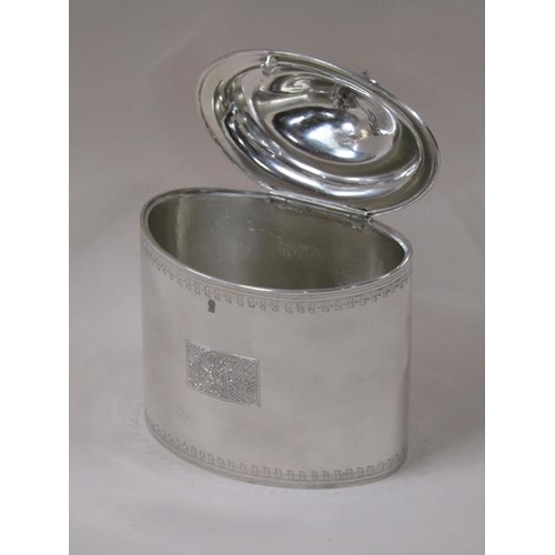 1766 - A George III silver caddy box of oval form with a hinged dome cover, London 1799, 14.2ozt, 17.5cm h,... 