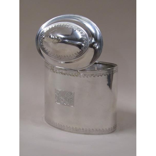 1766 - A George III silver caddy box of oval form with a hinged dome cover, London 1799, 14.2ozt, 17.5cm h,... 