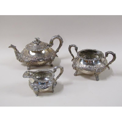 1771 - A 19c Irish silver three piece tea service, makers mark for James Le Bas, Dublin 1838, teapot 30cm w... 