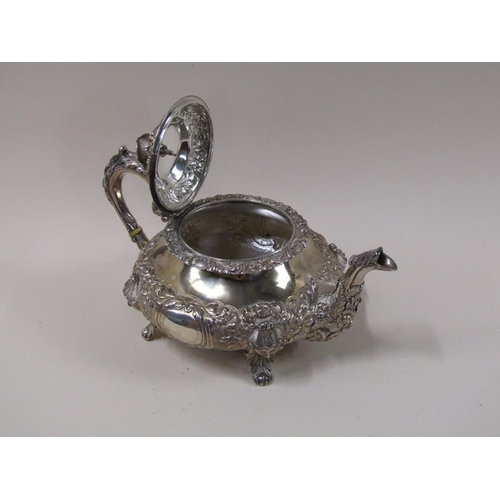 1771 - A 19c Irish silver three piece tea service, makers mark for James Le Bas, Dublin 1838, teapot 30cm w... 