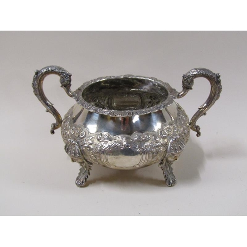 1771 - A 19c Irish silver three piece tea service, makers mark for James Le Bas, Dublin 1838, teapot 30cm w... 