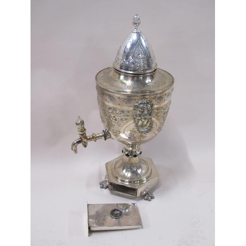 1809 - A 19c silver plate banqueting tea urn of large size, the urn embossed and chased throughout with lea... 