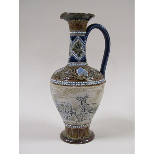 1955 - A Victorian Doulton Lambeth Hannah Barlow ewer, decorated with deer and stag frieze within foliate b... 