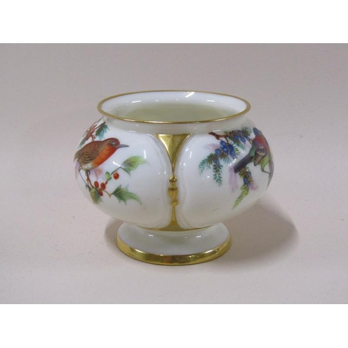 1959 - A Royal Worcester lobed footed pot, hand painted with finches and robin perched with berries and blo... 