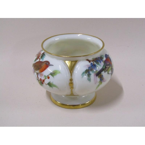 1959 - A Royal Worcester lobed footed pot, hand painted with finches and robin perched with berries and blo... 