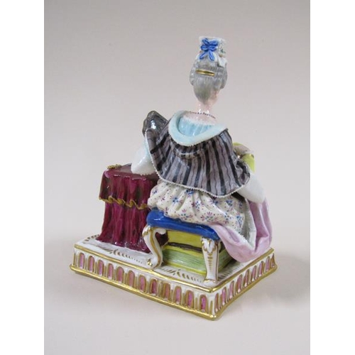 1967 - A pair of Meissen porcelain figure groups - girl seated feeding bird in cage & lady seated with dres... 