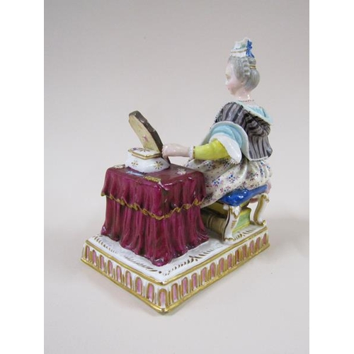 1967 - A pair of Meissen porcelain figure groups - girl seated feeding bird in cage & lady seated with dres... 