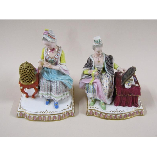 1967 - A pair of Meissen porcelain figure groups - girl seated feeding bird in cage & lady seated with dres... 