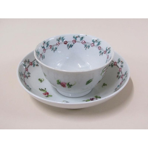 1971 - A late 18c New Hall porcelain tea bowl and saucer with floral garland borders and floral sprays, sau... 