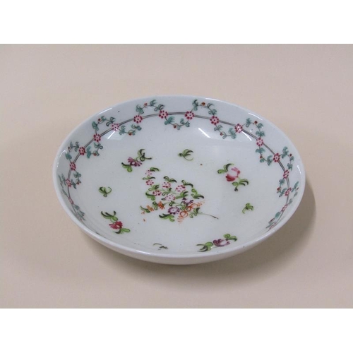 1971 - A late 18c New Hall porcelain tea bowl and saucer with floral garland borders and floral sprays, sau... 