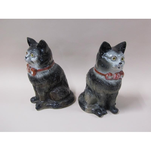 1981 - A pair of 19c Victorian Staffordshire cats, black and white with red bows and glass eyes, 32cm h.