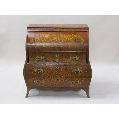 2017 - A late 18c/early 19c Dutch bombe cylinder top bureau, rising to reveal a fitted interior with pull o... 