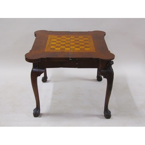 2046 - A William IV burr walnut double fold compendium card table with a chequer board folding and supporte... 