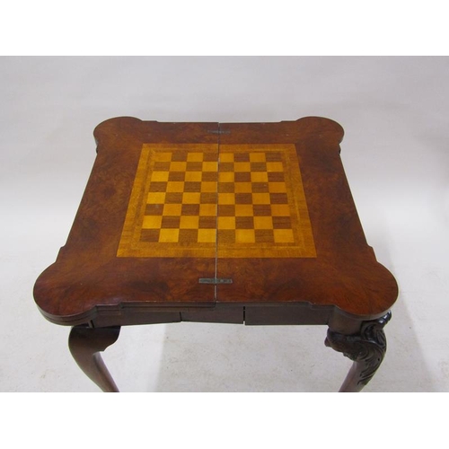 2046 - A William IV burr walnut double fold compendium card table with a chequer board folding and supporte... 