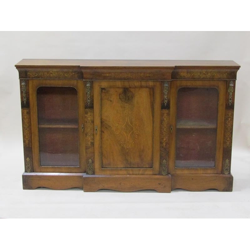 2058 - A mid Victorian figured walnut breakfront credenze cabinet with marquetry panel decoration, ormolu m... 