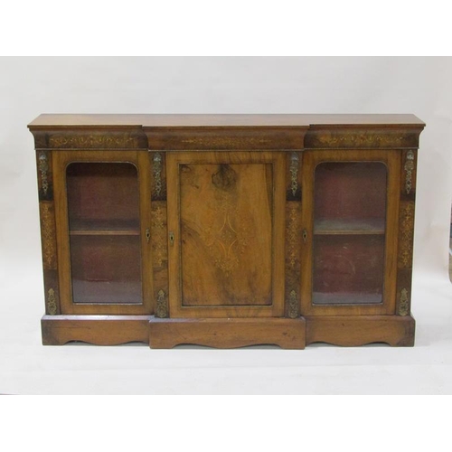 2058 - A mid Victorian figured walnut breakfront credenze cabinet with marquetry panel decoration, ormolu m... 