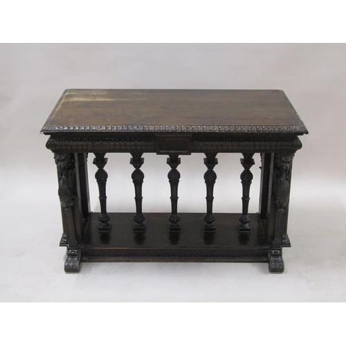 2067 - A 19c oak centre table of rectangular form, the table edge and frieze lunette carved and supported o... 