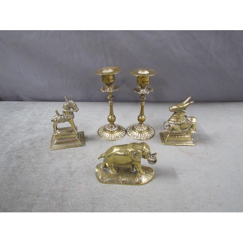 1443 - Brass candlesticks (14cms l) and ornaments