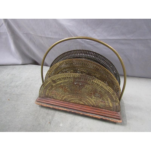 1451 - Early 20c pierced brass and wooden magazine stand, 33cms h