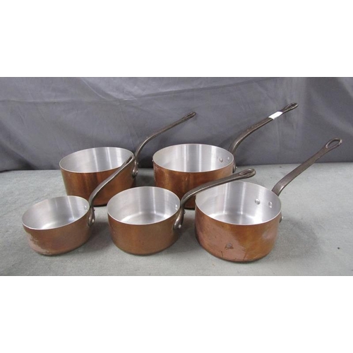 1467 - Set of copper steel handle pans - largest 39cms w - inc handle