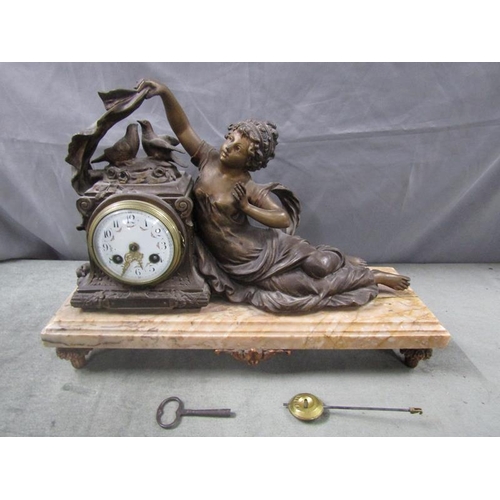 1481 - 19c French spelter figurative mantel clock on marble base, 45cms w