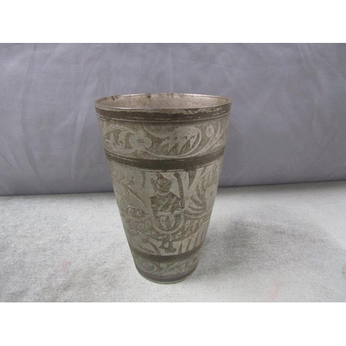 1496 - Middle Eastern inscribed metal beaker, 15cms h