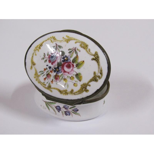 1513 - A 19c enamel trinket pot of oval form with hinged lid, painted with enamel floral bouquets, 7cm w.