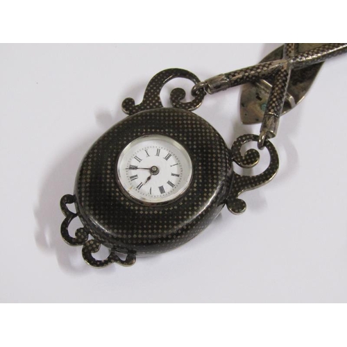 1524 - Late 19c Niello decorated pendant watch with a lapel clasp, overall 12cm l